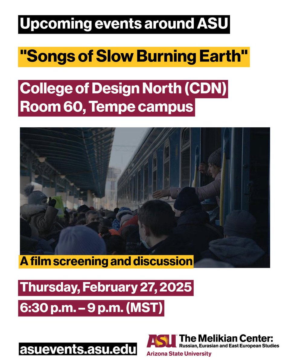 School of Arts, Media and Engineering (AME) (@asu_artsmedia) on Twitter photo š¬ Experience the power of storytelling! The Melikian Center presents "Songs of Slow Burning Earth" (2024) by Olha Zhurbaā a film exploring culture, identity and resilience. Screening and discussion on Feb. 27 at ASU Tempe.
Donāt miss it! š asuevents.asu.edu/event/songs-slā¦
<a href="/ASUHIDA/">Herberger Institute</a> š¬ Experience the power of storytelling! The Melikian Center presents "Songs of Slow Burning Earth" (2024) by Olha Zhurbaā a film exploring culture, identity and resilience. Screening and discussion on Feb. 27 at ASU Tempe.
Donāt miss it! š asuevents.asu.edu/event/songs-slā¦
<a href="/ASUHIDA/">Herberger Institute</a>