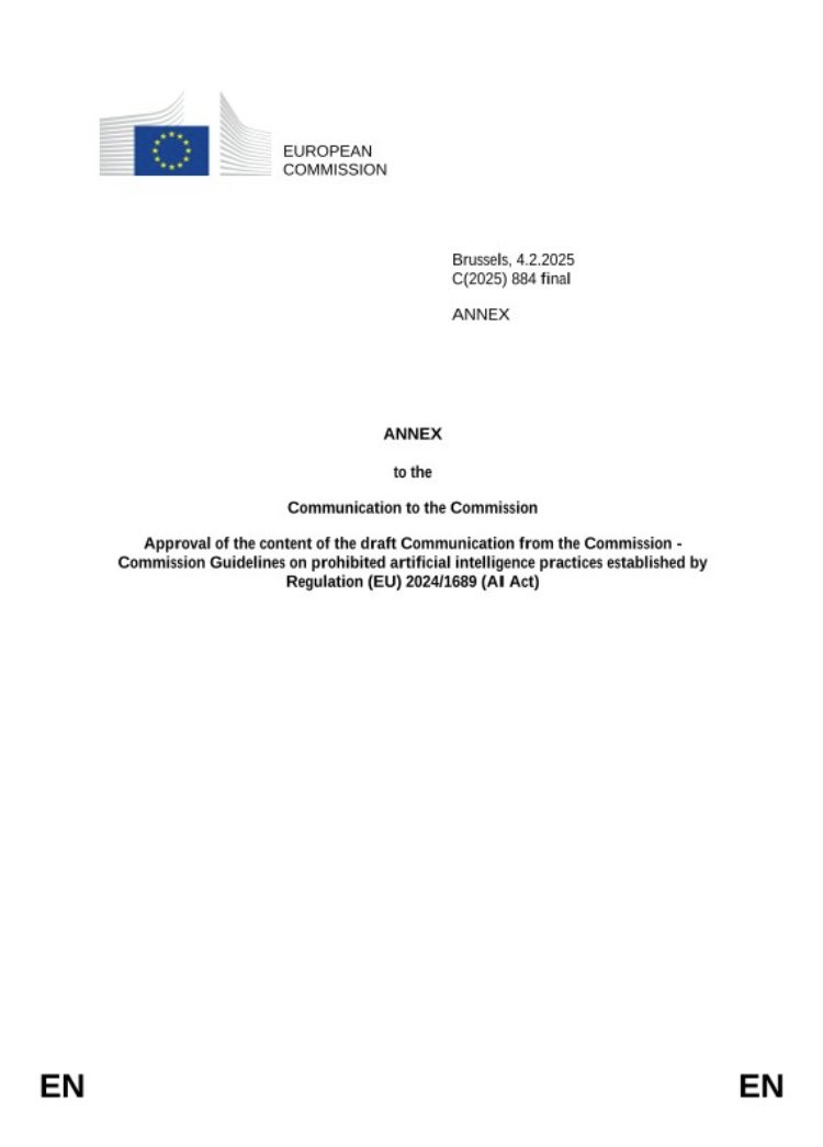 LucaPicotti's tweet photo. UNIONE EUROPEA

Mi dispiace, ma qui siamo al grottesco.

Mentre gli Stati Uniti hanno OpenAI e la Cina DeepSeek, l’Unione europea ha le 144 pagine dell’AI ACT, per il cui solo art. 5 sono appena state approvate 135 PAGINE DI LINEE GUIDA illustrative. 

A voi i commenti. https://t.co/KEQexkkvri