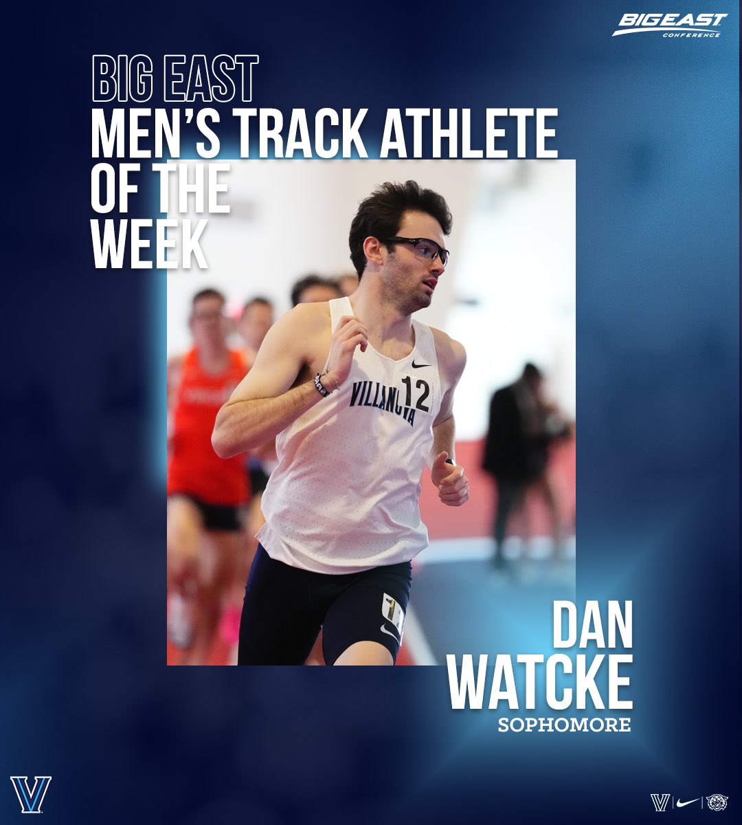 NovaTrackXC's tweet photo. Second school record in as many races earns Dan Watcke @BIGEAST Men’s Track Athlete of the Week honors! #GoNova 🔵⚪️✌️ https://t.co/EauMKD5SuZ