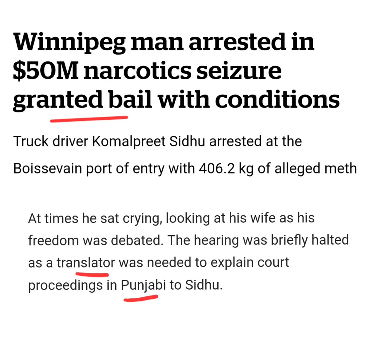 KirkLubimov's tweet image. In today's episode of Canada's justice system is a joke:

A "Winnipeg" man, truck driver Komalpreet Sidhu, was busted with trafficking over $50M of meth into Canada - one of the largest narcotics seizures in Prairie's history, was released on bail.

He isn't a Canadian citizen