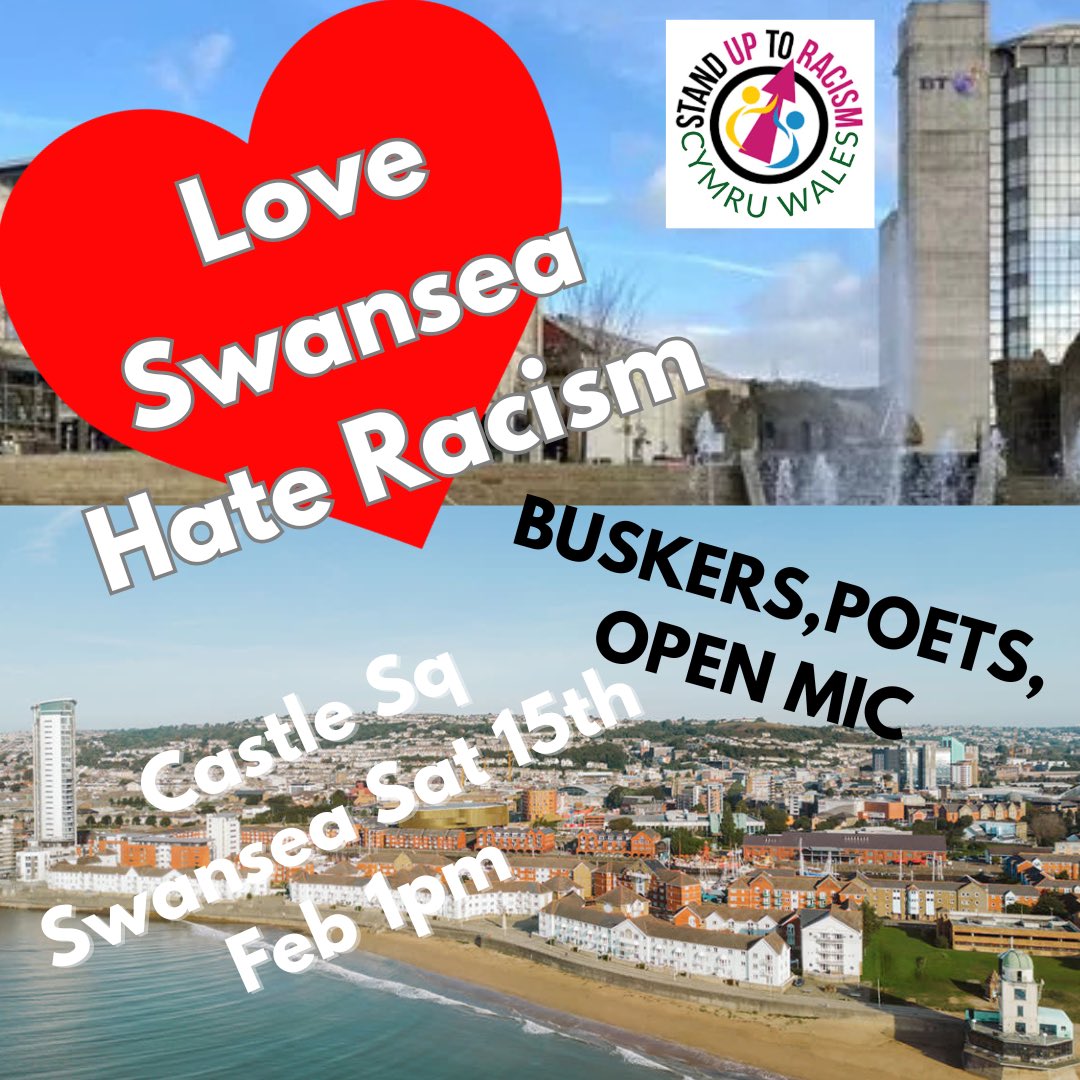 sutr_wales's tweet image. Calling anti racist musicians ,poets ,buskers and all anti racists .The far right have threatened to bring a love racism hate Swansea event to Swansea on Feb 15 ,they even announced it in London! Let’s make sure our streets are not marching to the beat of fascist jack boots but…