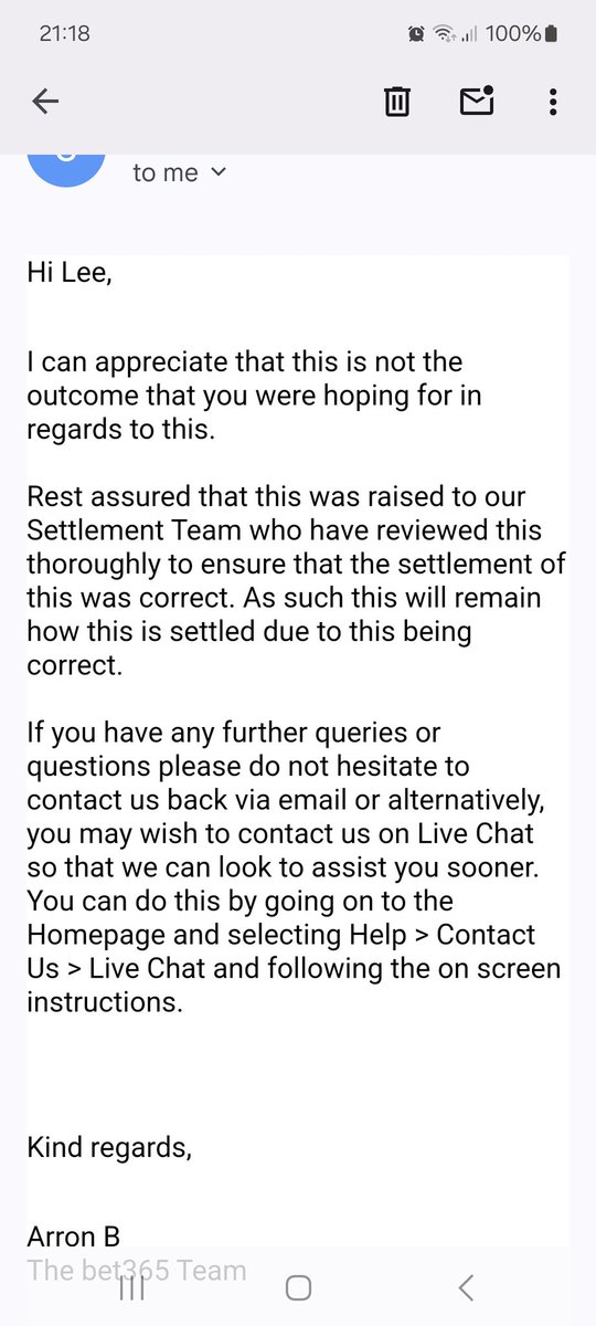 TrebleTop's tweet photo. @bet365, I'm trying to deal with your team regarding a bet that I strongly believe was settled incorrectly.
I've asked your team to confirm how the bet was settled and continue to get ignored.
Is there anyone there that will help? https://t.co/6V6slxyqOX