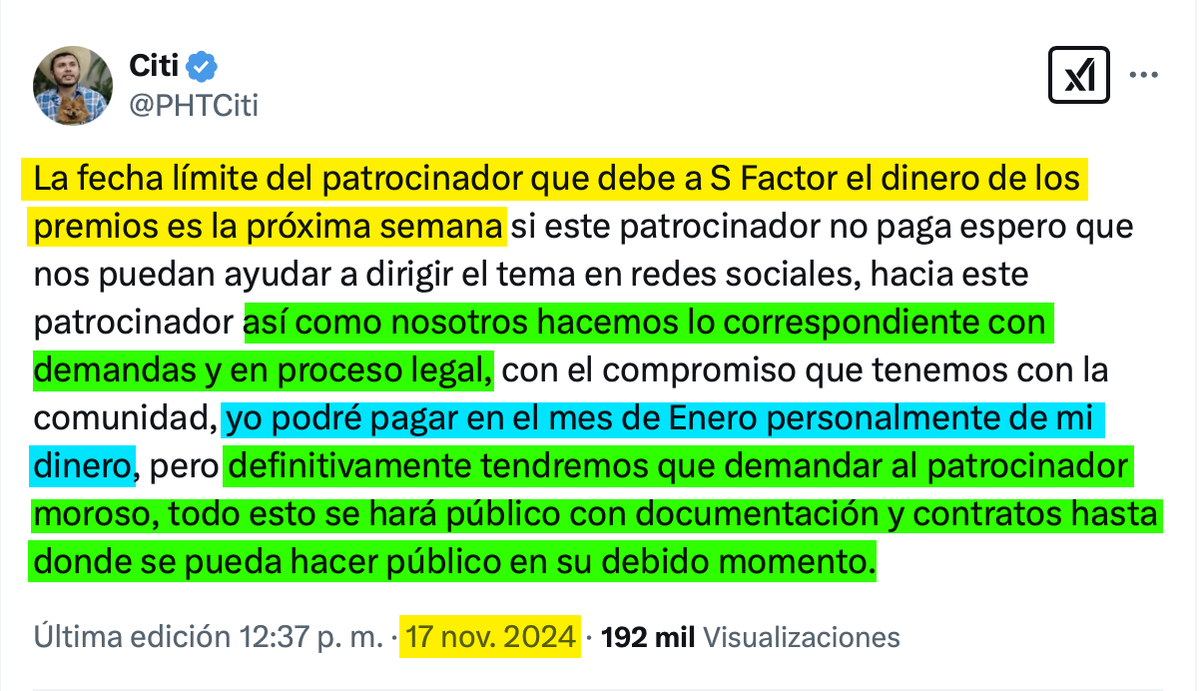 Leenvidia's tweet photo. 1) El 2/11, Citi dice que él pondrá de su bolsillo los pagos pendientes del SUPUESTO patrocinador que quedó mal (cosa que haría cualquier buen TO: hacerse responsable de SU evento)

2) El 17/11, Citi pone fecha límite al SUPUESTO patrocinador, y amenaza con proceder legalmente👇 https://t.co/7D6fncSv0X