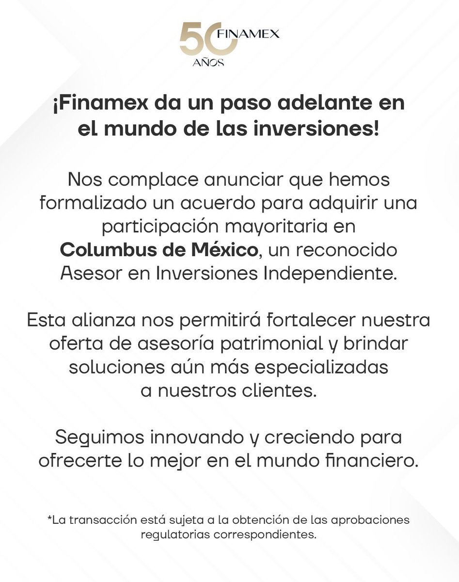 Nos complace anunciar que hemos formalizado un acuerdo para adquirir una participación mayoritaria en Columbus de México.