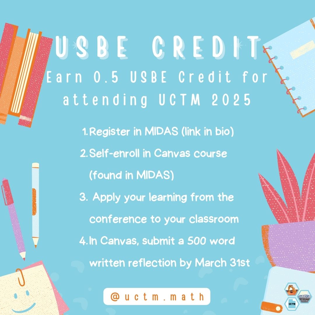 UCTM_math's tweet image. 📢 Earn USBE Credit for attending the 2025 UCTM Conference! 📢

Did you attend the 2025 UCTM Conference? 🎉 Did you know you can earn USBE credit for your participation? 📚✨

Don’t miss out—register today! 🚀

#UCTM#USBE
