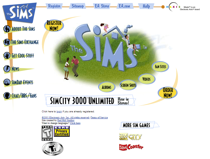 On February 4, 2000, The Sims was released.

The Sims website in 2000.