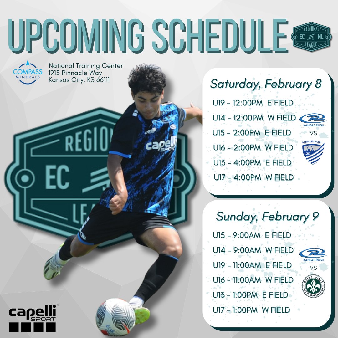 KS_RushSoccer's tweet photo. Our ECRL Boys are all back in action this weekend! Come out and support our teams as they take on two strong opponents at Compass Minerals National Training Center on Sat, 2/8 and Sun, 2/9. Let's go, Rush! 💙 #OneTeamOneClubOneFamily https://t.co/mVUrk04SFF