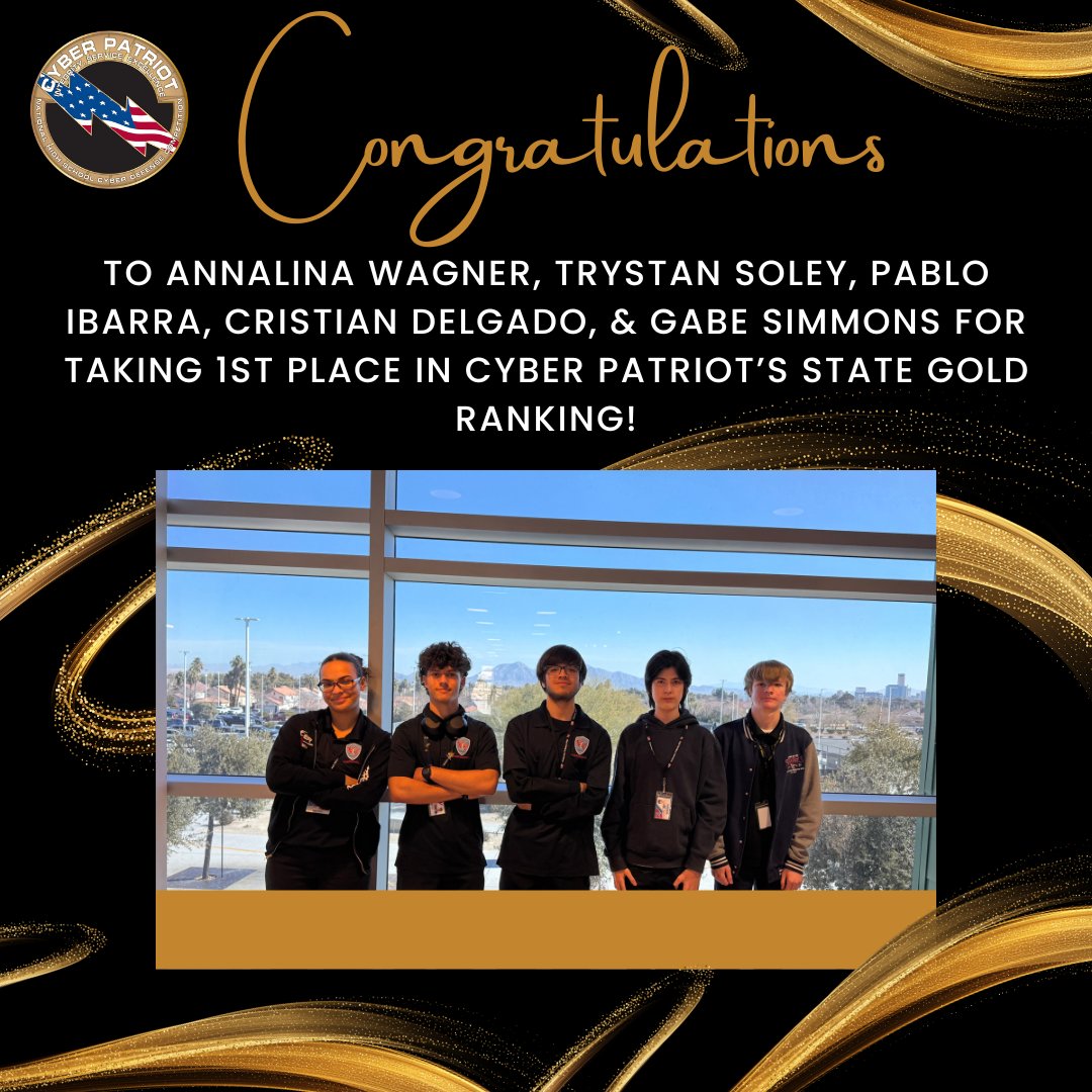 vtctasentinels's tweet photo. Annalina Wagner, Trystan Soley, Pablo Ibarra, Cristian Delgado, and Gabe Simmons put their skills to the test and secured FIRST PLACE in the State Gold ranking at the CyberPatriot Semi-Finals! Way to go, team! Keep pushing the limits and defending the future! #vtcta https://t.co/HY3hb8cqij