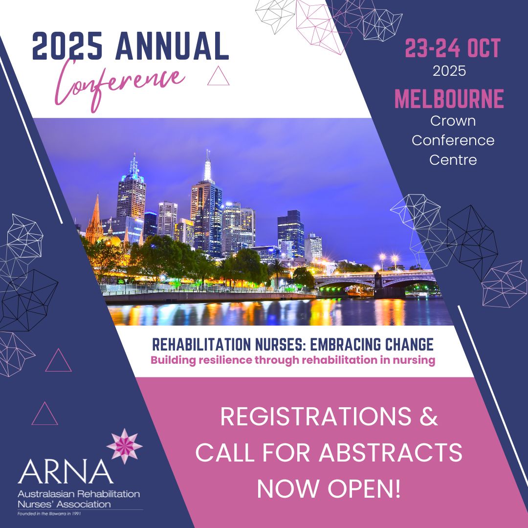 The ARNA 34th Annual Conference is coming to Melbourne on 23–24 October 2025 at the Crown Conference Centre! 

Super Early Bird Registrations Now Open!

dg.eventsair.com/arna2025/

#ARNACON25  #RehabilitationNursing #Melbourne #EmbracingChange