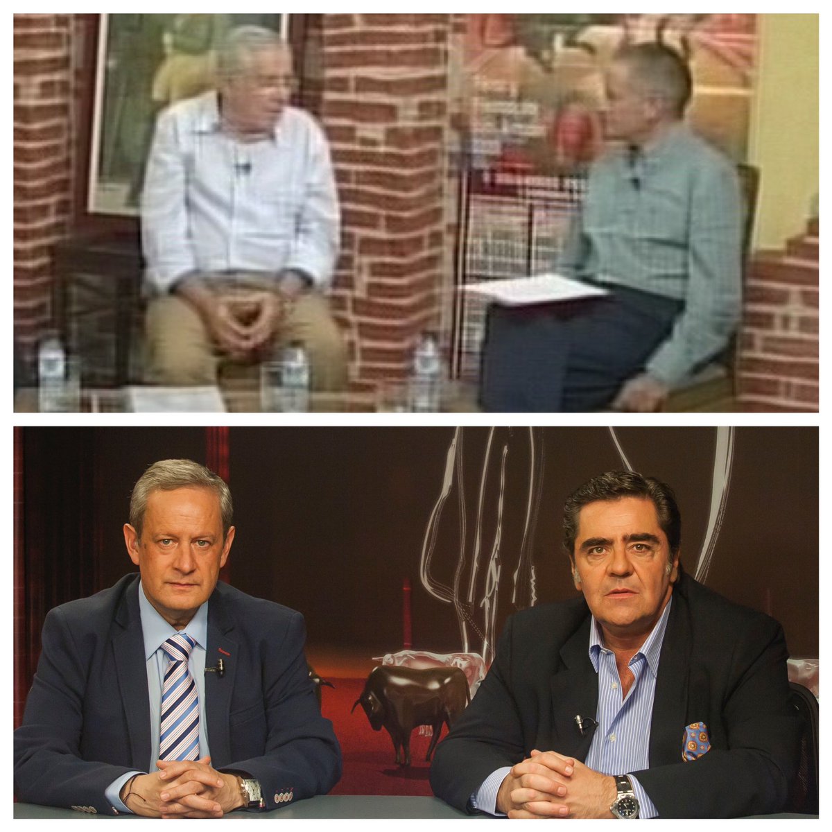 santoyo_carlos's tweet photo. Del baúl de los recuerdos. Arriba allá por el 2002 José Antonio  Martínez Uranga . Abajo en 2017 su hijo Manuel Martínez Erice que cada año al frente de Taurodelta presentaba en el programa la feria de San Isidro en Madrid. Los “choperita”. Excelente gente  @MMartinezErice https://t.co/jNHNJMX2T7
