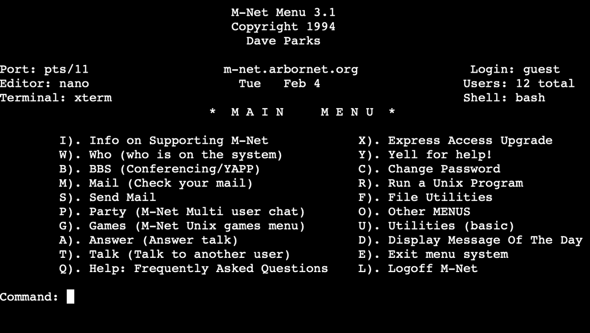SDF (@sdf_pubnix) on Twitter photo M-NET (1982) , longest running Public Access UNIX System is now under the stewardship of SDF Vintage Systems.
Enjoy living INTERNET history with your existing M-NET user account or as a 'ssh guest@m-net.arbornet.org'
#unix #pubnix #retrocomputing #community #vintagecomputing M-NET (1982) , longest running Public Access UNIX System is now under the stewardship of SDF Vintage Systems.
Enjoy living INTERNET history with your existing M-NET user account or as a 'ssh guest@m-net.arbornet.org'
#unix #pubnix #retrocomputing #community #vintagecomputing