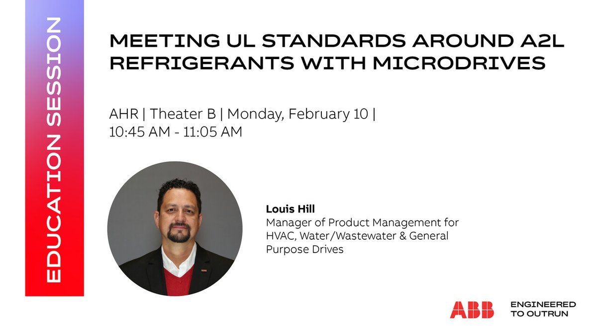 ABBMotorDriveUS's tweet image. Join Louis Hill, Manager of Product Management for #HVACR, W&amp;amp;WW and General Purpose Drives at #ABB, at #AHR to learn about A2L compliance for flammable gases in refrigeration. Register here: ecs.page.link/U1K34

📅 Monday, February 10 | 🕙 10:45 AM - 11:05 AM | 📍 Theater B