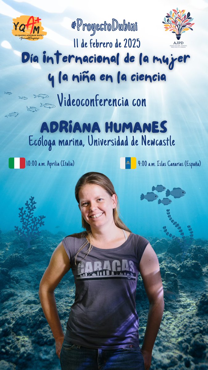 El martes #11F celebraremos en #ProyectoDubini el Día Internacional de la #mujeryciencia junto a la ecóloga marina <a href="/adriana_humanes/">Adriana Humanes</a> y <a href="/alexdubini/">Alexandra Dubini</a> en una videoconferencia en la que participarán simultáneamente más de 600 estudiantes de diferentes países 🇪🇸🇮🇹🇲🇱 #NiUnPasoAtrás🌍