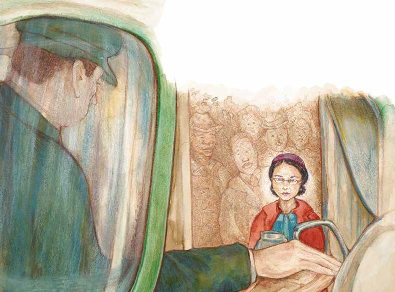 Today we remember Rosa Parks on her birthday, February 4th. This date has also been designated Transit Equality Day in honor of her famous refusal to give up her seat on a city bus, leading to the Montgomery Bus Boycott.

Artwork by Dimitrea Tokunbo for CRICKET Magazine.