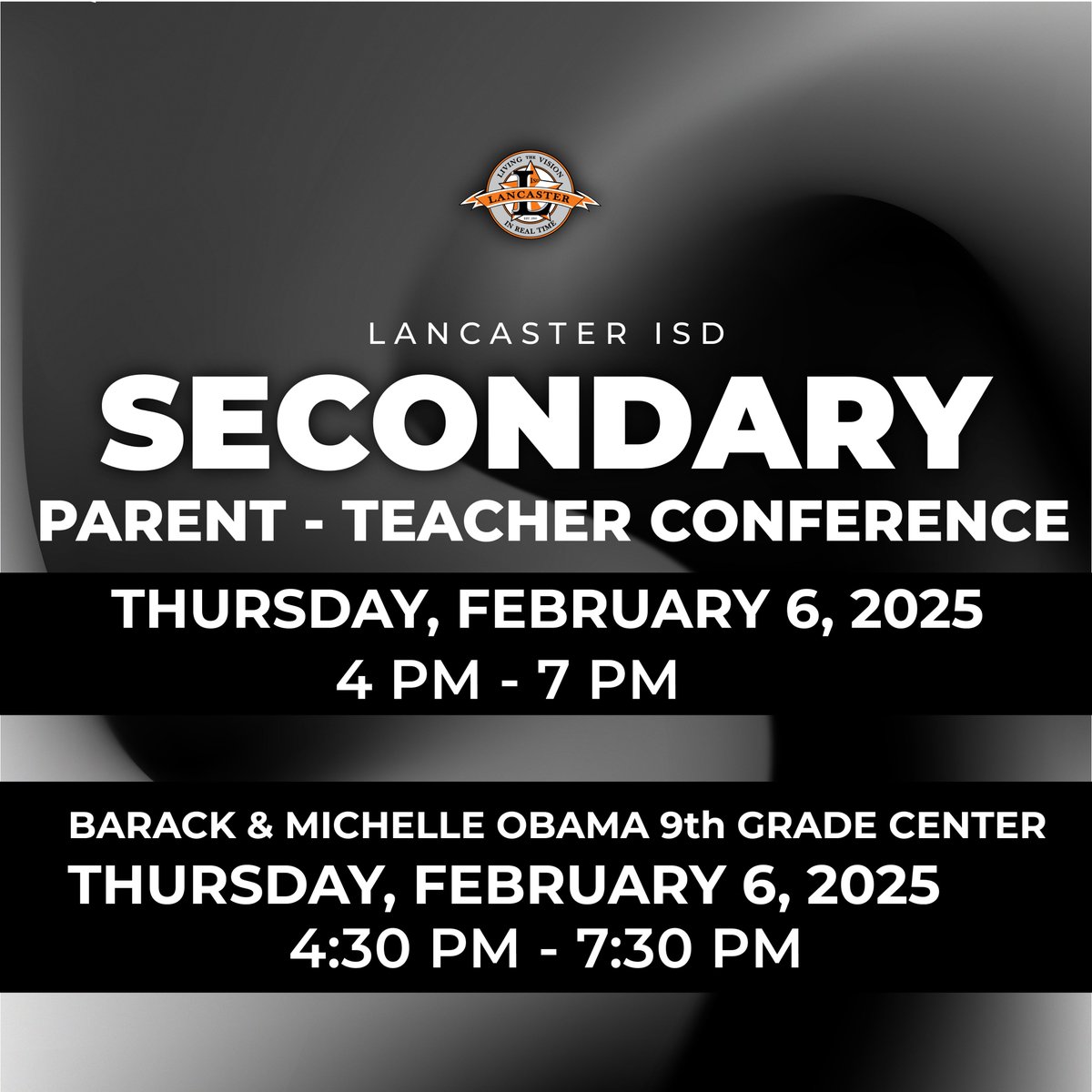 LancasterISD's tweet image. 📢 Friendly Reminder: Please be mindful of our upcoming Parent/Teacher Conference Nights. 👩‍🏫📚📝
 
✨Elementary Schools✨
🗓️ Wednesday, September 25 | 4:30 PM – 7:30 PM

✨Secondary Schools✨
🗓️ Thursday, September 26 | 4:00 PM – 7:00 PM
(@BAMOngc: 4:30 PM – 7:30 PM)