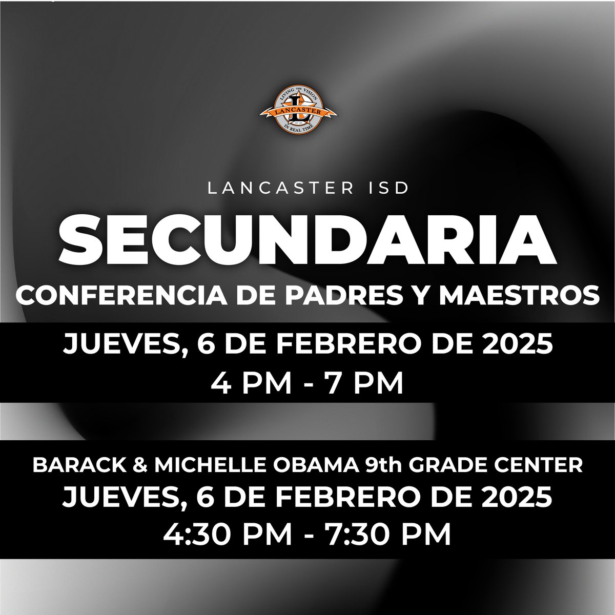 LancasterISD's tweet image. 📢 Friendly Reminder: Please be mindful of our upcoming Parent/Teacher Conference Nights. 👩‍🏫📚📝
 
✨Elementary Schools✨
🗓️ Wednesday, September 25 | 4:30 PM – 7:30 PM

✨Secondary Schools✨
🗓️ Thursday, September 26 | 4:00 PM – 7:00 PM
(@BAMOngc: 4:30 PM – 7:30 PM)