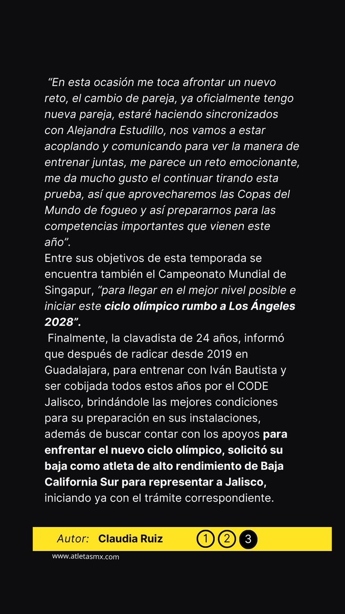 atletasmx (@atletasmxof) on Twitter photo 🚨 Renovada y con la mira en los Juegos Olímpicos de #LA2028 inicia la medallista olímpica de #clavados Gaby Agundez <a href="/gabyagundez00/">Gaby Agundez</a> el 2025 y nuevo ciclo.
👁️ Su nueva pareja en la plataforma de 10m sincronizados será la regia Alejandra Estudillo, entre otros cambios. 🚨 Renovada y con la mira en los Juegos Olímpicos de #LA2028 inicia la medallista olímpica de #clavados Gaby Agundez <a href="/gabyagundez00/">Gaby Agundez</a> el 2025 y nuevo ciclo.
👁️ Su nueva pareja en la plataforma de 10m sincronizados será la regia Alejandra Estudillo, entre otros cambios.