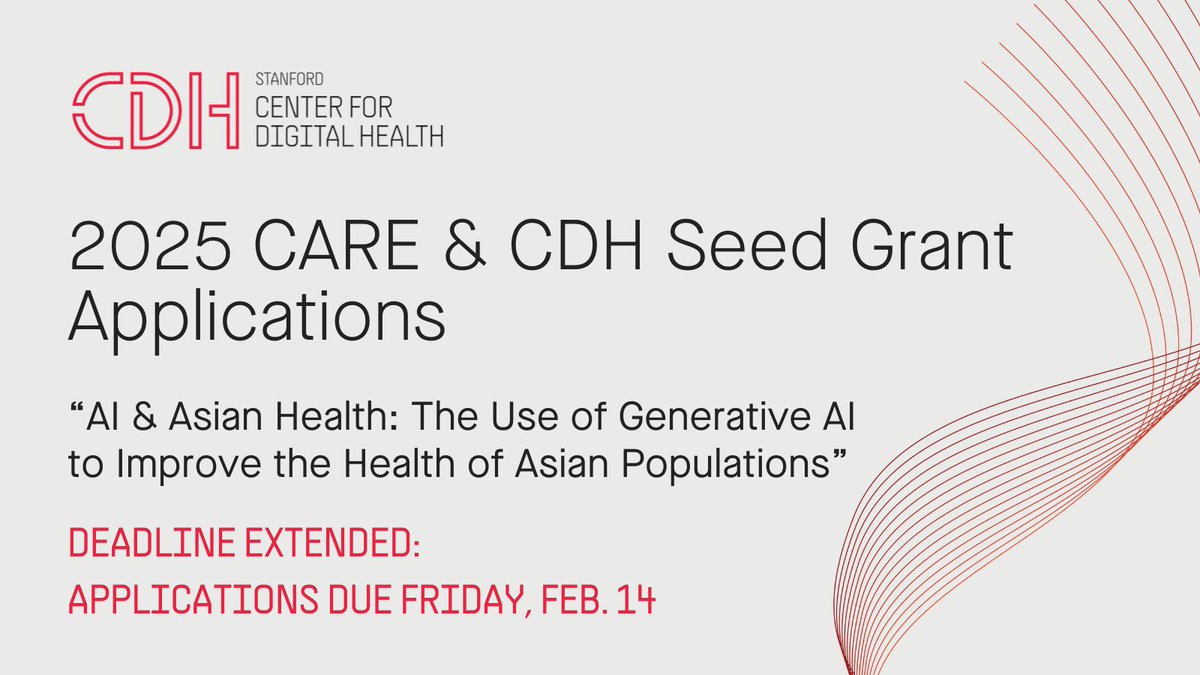 Stanford Center for Digital Health (@stanfordcdh) on Twitter photo Deadline extended! #StanfordCDH/ <a href="/StanfordCAREs/">Stanford CARE</a> Seed Grant applications for "AI & Asian Health: The use of #GenAI to improve the health of Asian populations" are now due Feb. 14. Details & application: bit.ly/4fw1qw9 Deadline extended! #StanfordCDH/ <a href="/StanfordCAREs/">Stanford CARE</a> Seed Grant applications for "AI & Asian Health: The use of #GenAI to improve the health of Asian populations" are now due Feb. 14. Details & application: bit.ly/4fw1qw9