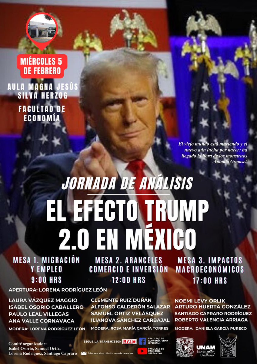 UNAM (@unam_mx) on Twitter photo Especialistas analizarán los desafíos ante el efecto Trump, en la <a href="/FEconomiaUNAMof/">EconomíaUNAM oficial</a>. Asiste o sigue las transmisiones en línea. 👇
#AgendaUNAM Especialistas analizarán los desafíos ante el efecto Trump, en la <a href="/FEconomiaUNAMof/">EconomíaUNAM oficial</a>. Asiste o sigue las transmisiones en línea. 👇
#AgendaUNAM
