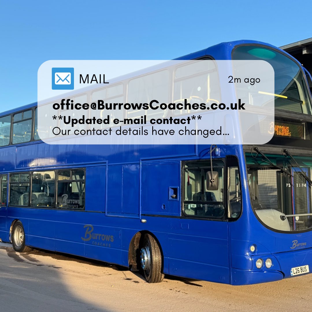 Our email address has changed, but don’t worry- the same awesome people are at the other end ready to take your enquiries. 

Our googlemail address will still remain live, but your message will be diverted. 

Our new email address is:
Office@BurrowsCoaches.co.uk