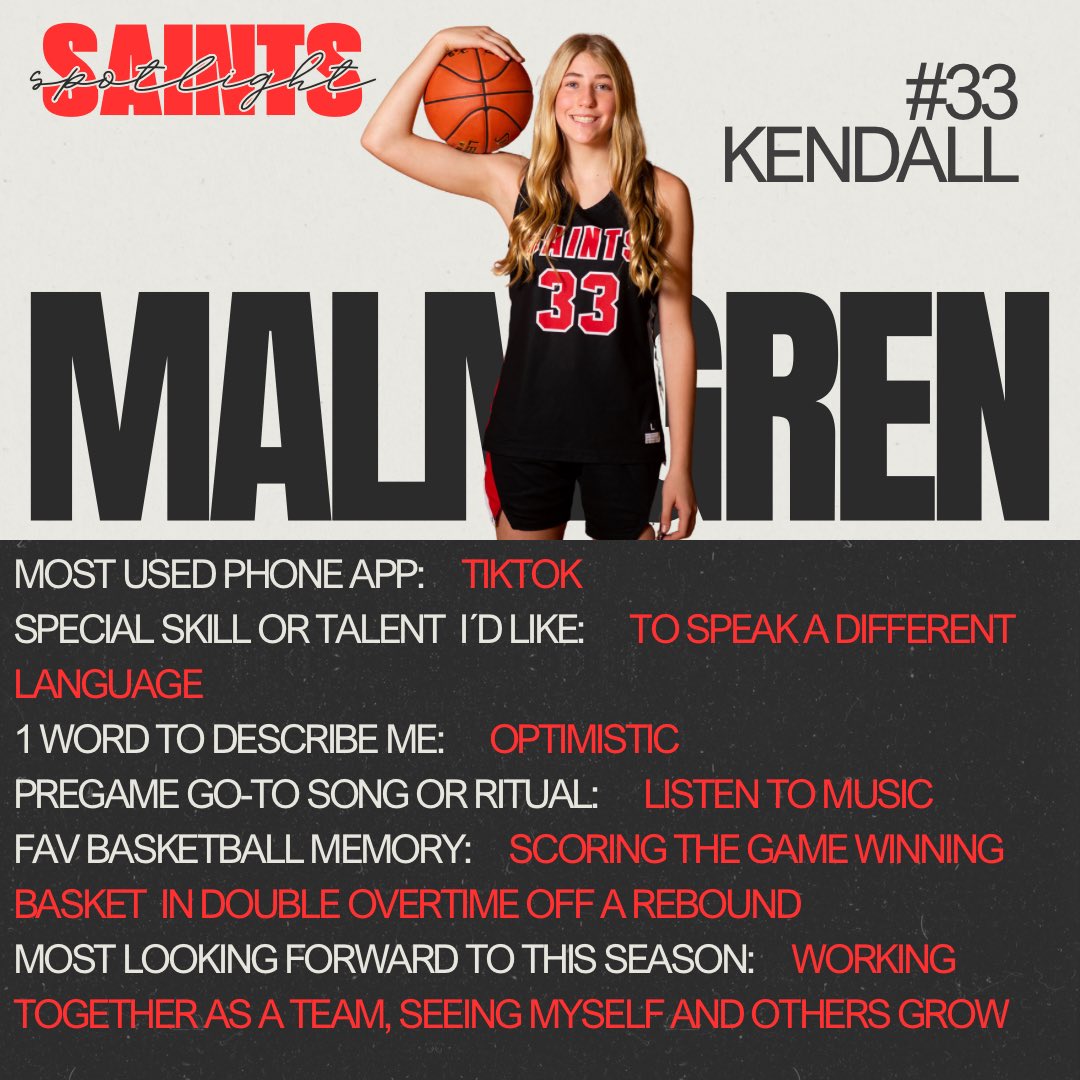 🌟🚨 Saints Spotlight 🚨🌟

3 game week begins on the road with 7th grader Kendall Malmgren in our game day spotlight! #together