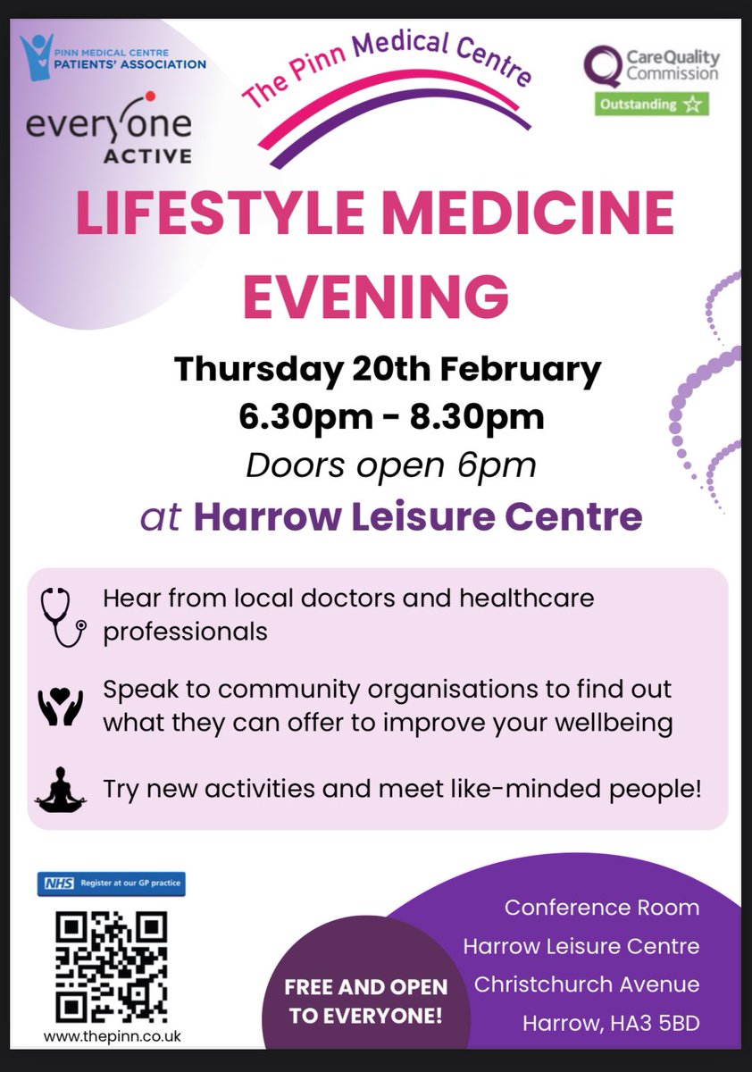 ThePinnMC's tweet photo. Learn more about Lifestyle Medicine, try new activities &amp; enhance your wellbeing? Join healthcare professions, community organisations &amp; like-minded people - Thursday 20th February 6pm onwards @ Harrow Leisure Centre @PinnerAssociat @harrowonline @Imperial_PCPH @radioharrow @rcgp https://t.co/T7H4ll5Joa
