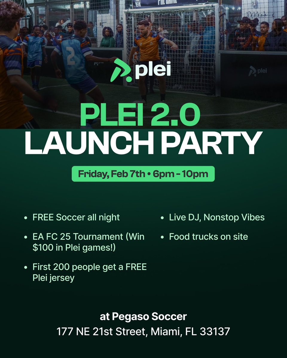 Join us this Friday at Pegaso Soccer in Miami to celebrate our rebrand launch and the next chapter of Plei! 🙌

⚽️ Free soccer all night
🎮 EA FC 25 tournament (winner gets $100 in Plei games!)
🎶 Live DJ
😋 Food truck

We couldn’t do any of this without you!