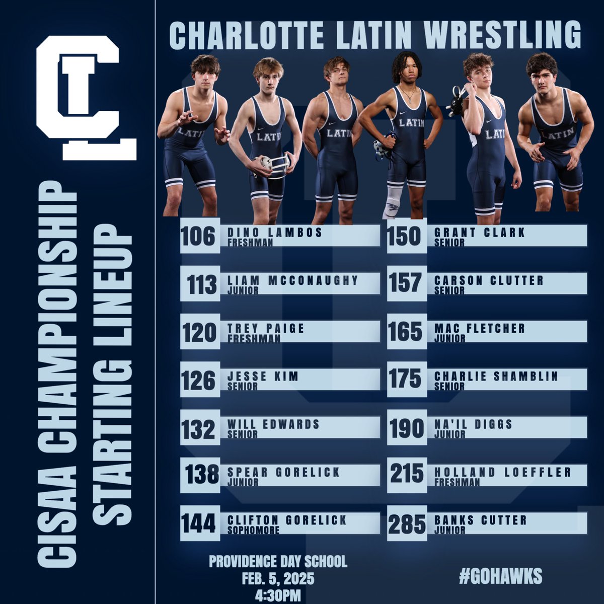 Charlotte Latin Wrestling (@cls_hawks_wrest) on Twitter photo It’s time for the Mat Hawks to compete in the CISAA conference tournament! Come out and support as they take the mat against PD, CCDS, Cannon, and Christian. Let’s Go! <a href="/CLS_Hawks/">Charlotte Latin Athletics</a> It’s time for the Mat Hawks to compete in the CISAA conference tournament! Come out and support as they take the mat against PD, CCDS, Cannon, and Christian. Let’s Go! <a href="/CLS_Hawks/">Charlotte Latin Athletics</a>