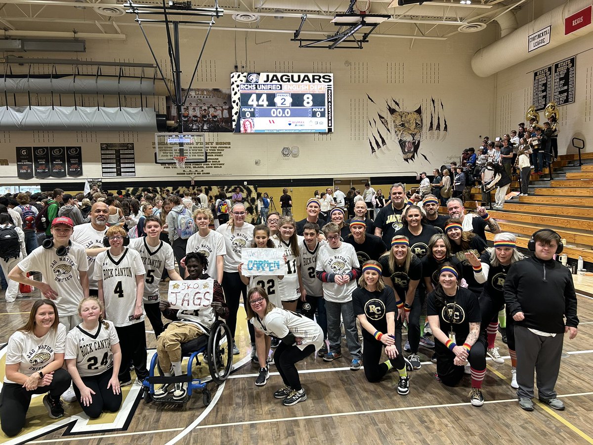 RockCanyonHS's tweet photo. Our Unified Basketball Team dominated the English Teachers today in an all school assembly. Their defense was locked in leaving the teachers little opportunity to score! A special thanks to our amazing fans and community member who cheered them on to victory! Way to go Jags!!! https://t.co/2dRnaLkDMT