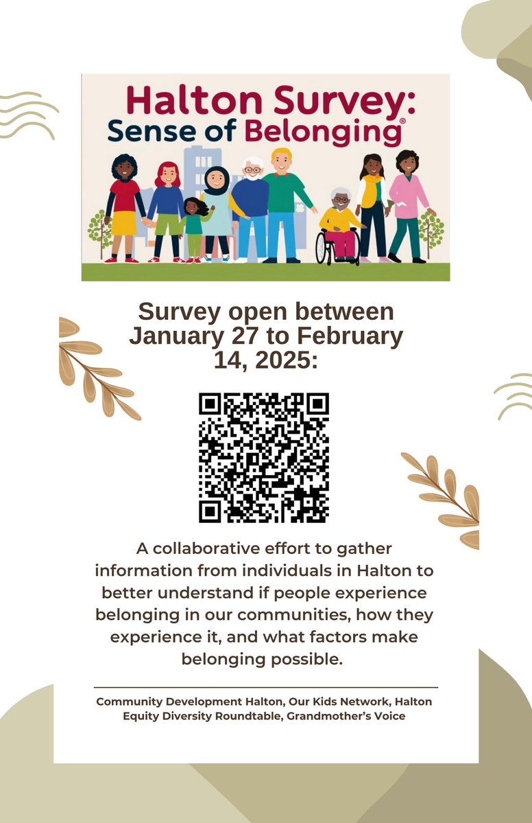 You’re invited! Halton residents are invited to complete a survey about belonging in our communities. 
It takes 2 minutes to complete and can be accessed at this link:  surveymonkey.com/r/Q5WVXYW
<a href="/ComDevHalton/">Community Development Halton</a> <a href="/OurKidsNetwork/">Our Kids Network</a> <a href="/HEDRoundtable/">Halton Equity&Div RT</a> <a href="/GrandmothersV/">Grandmothers Voice</a>