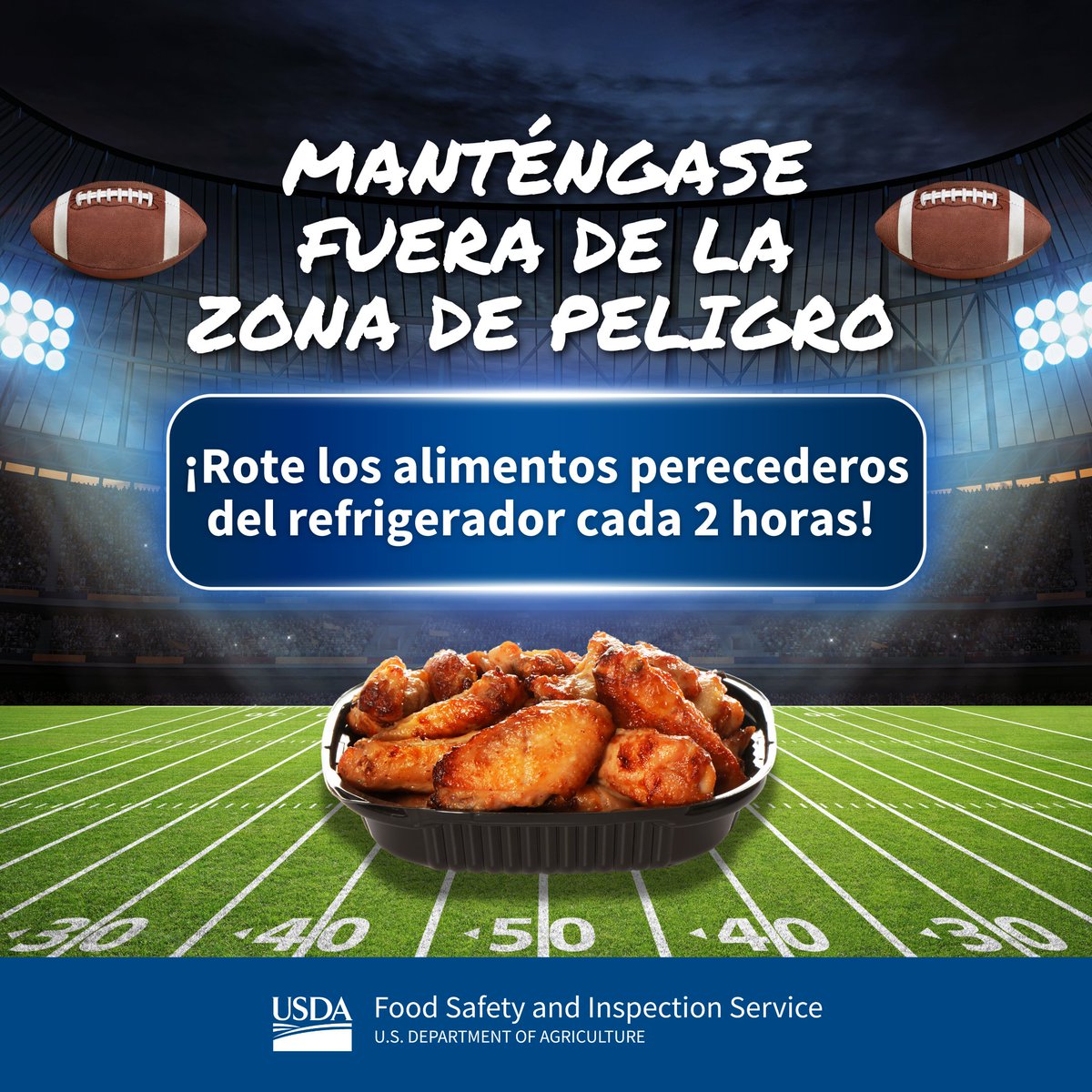 USDAFoodSafe_es's tweet photo. Estrategia de medio tiempo: para los alimentos perecederos como alitas de pollo, pizza y platos de carne, rotarlos dentro y fuera del refrigerador cada 2 horas. #SBLIX https://t.co/CIFfNaswje