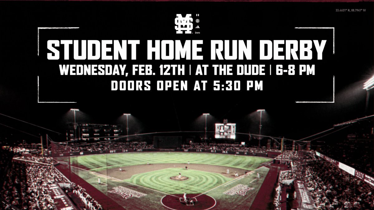 Students, have you ever wanted to hit a home run at 𝗧𝗵𝗲 𝗗𝘂𝗱𝗲?     

Now is your chance. Come out Feb. 12 for the Student Home Run Derby!   

 #HailState🐶