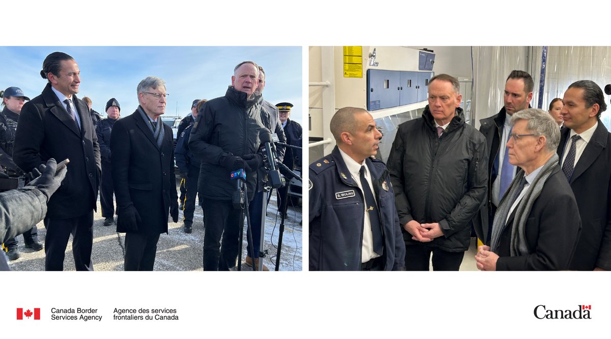 CanBorder's tweet photo. CBSA reaffirms commitment to strengthen border security and combat fentanyl during border exercise at Emerson port of entry, alongside federal &amp; provincial partners, @RCMPMB, MB Premier, and Mins of @Safety_Canada &amp; @PrairiesCanEN https://t.co/BqRDuIExaR
