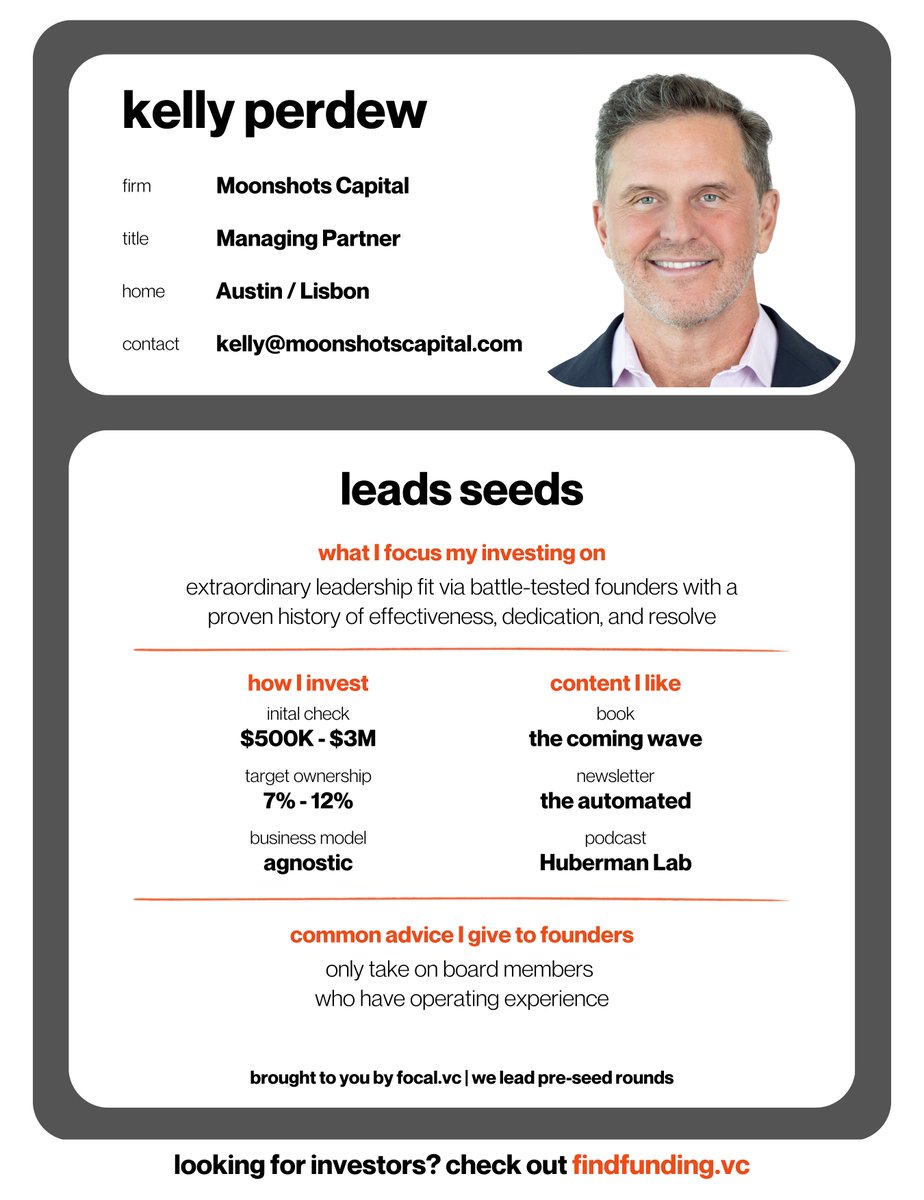 Pascal Unger | your pre-seed lead (@pascalunger) on Twitter photo If you are a veteran OR have veterans on your founding team - you have to know this early-stage investor.
This week's findfunding spotlight is on <a href="/kperdew/">Kelly Perdew</a> from <a href="/MoonshotsCap/">Moonshots Capital</a>. He:
🇵🇹 Is based in Lisbon, Portugal and the firm is HQ'd in Austin, TX
📺 Won Season 2 of The If you are a veteran OR have veterans on your founding team - you have to know this early-stage investor.
This week's findfunding spotlight is on <a href="/kperdew/">Kelly Perdew</a> from <a href="/MoonshotsCap/">Moonshots Capital</a>. He:
🇵🇹 Is based in Lisbon, Portugal and the firm is HQ'd in Austin, TX
📺 Won Season 2 of The