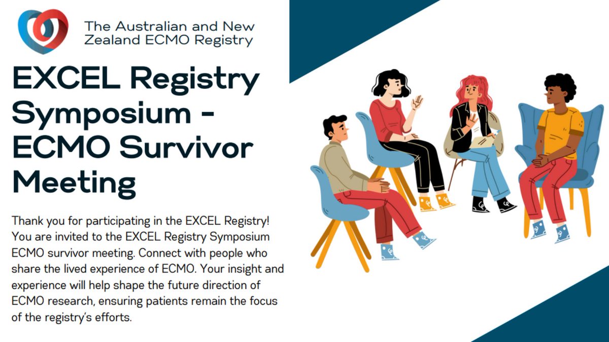 Are you an ECMO Survivor? The EXCEL Symposium will hold a free event to connect people who share the lived experience of ECMO. You can also provide feedback to researchers.
Date/time: 28/03/2025 12:15-1:15pm
Location: Melbourne. Australia 
Register: shop.monash.edu/the-excel-regi…