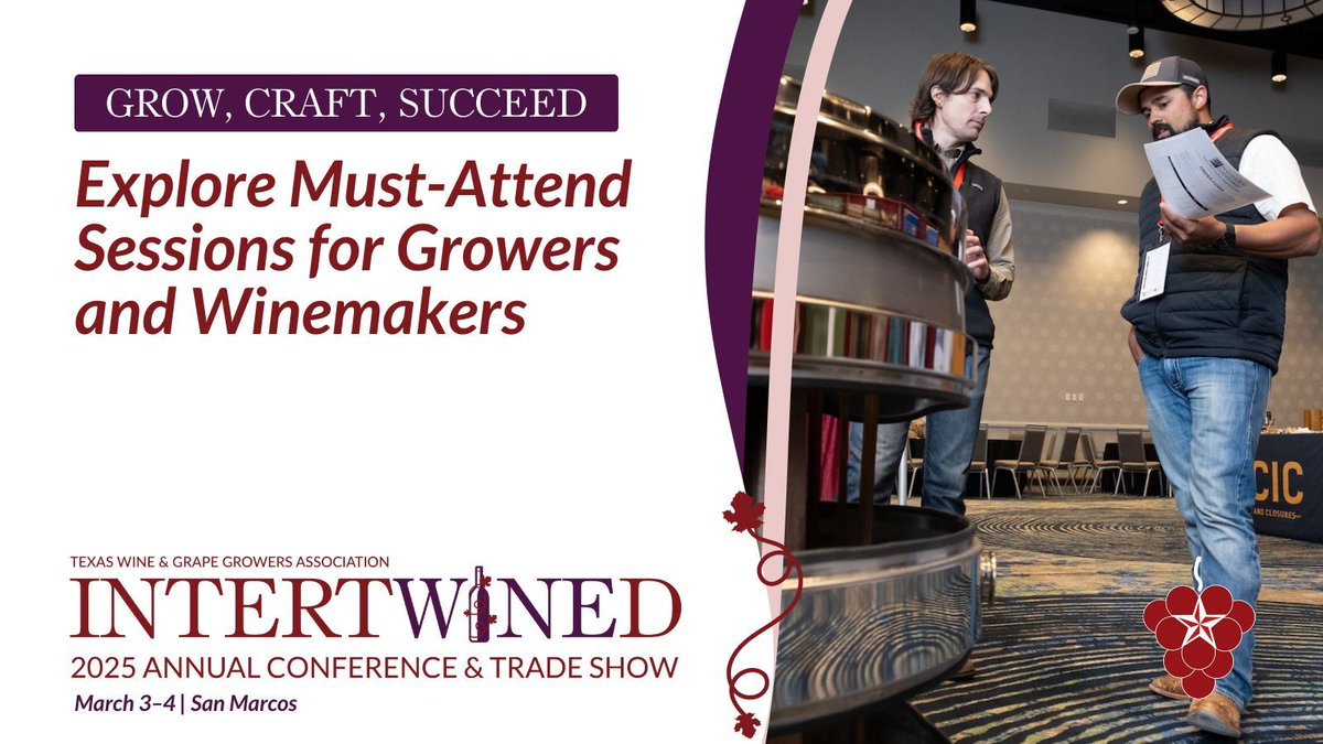 Gain insights from top viticulture and winemaking experts on topics like sustainability, irrigation technologies, and more. Explore session topics and register today for IntertWINEd, TWGGA’s 2025 Annual Conference &amp; Trade Show, March 3–4 in San Marcos: buff.ly/3ROTdsV