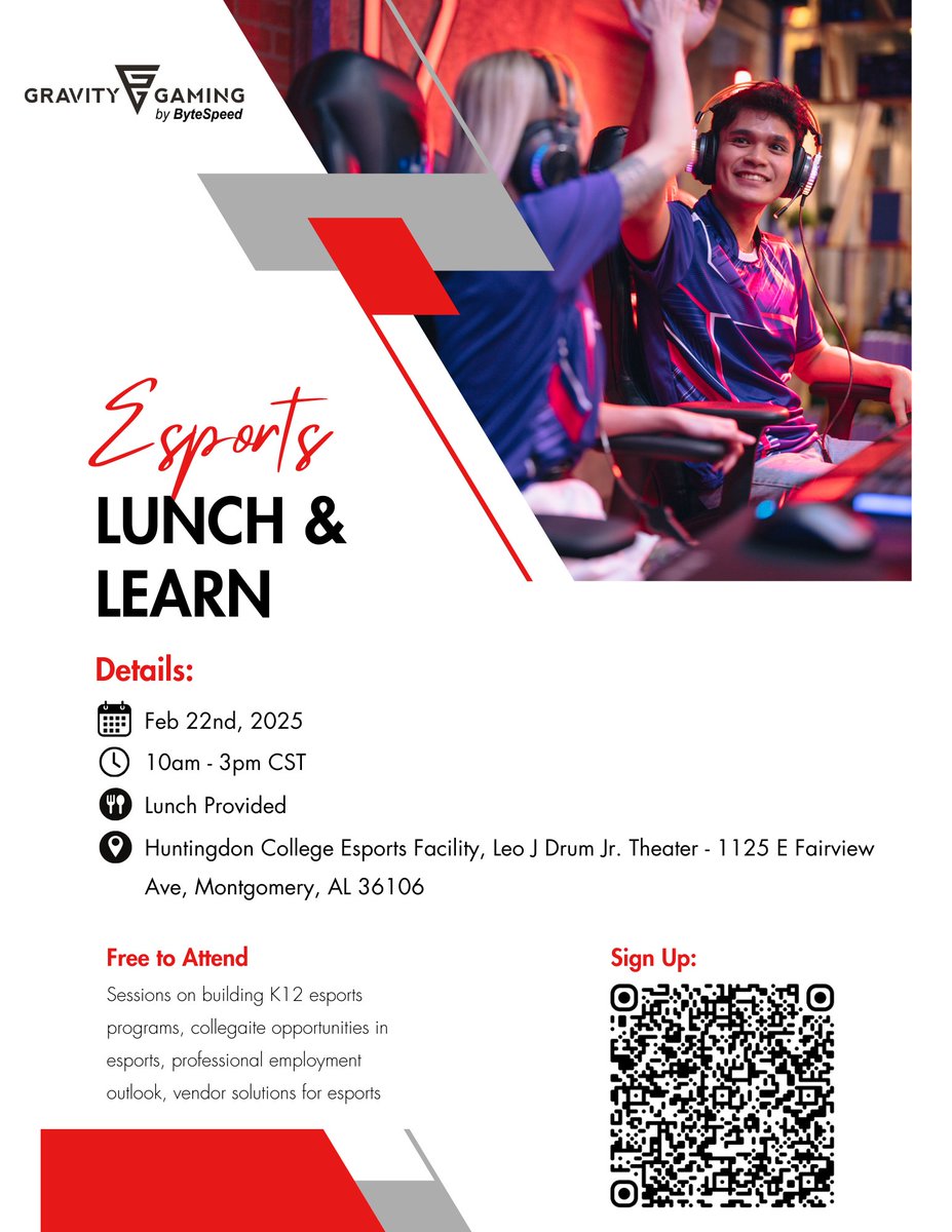 Josh Knutson (@joshua__knutson) on Twitter photo Hi friends! <a href="/gravitygamingpc/">Gravity Gaming by ByteSpeed</a> and <a href="/HCHawksEsports/">Huntingdon Esports</a> are hosting a lunch and learn at the end of this month for anyone interested in starting their esports journey! This event is free to attend, and especially relevant if you are an Alabama high school! :)
Sharing appreciated! Hi friends! <a href="/gravitygamingpc/">Gravity Gaming by ByteSpeed</a> and <a href="/HCHawksEsports/">Huntingdon Esports</a> are hosting a lunch and learn at the end of this month for anyone interested in starting their esports journey! This event is free to attend, and especially relevant if you are an Alabama high school! :)
Sharing appreciated!