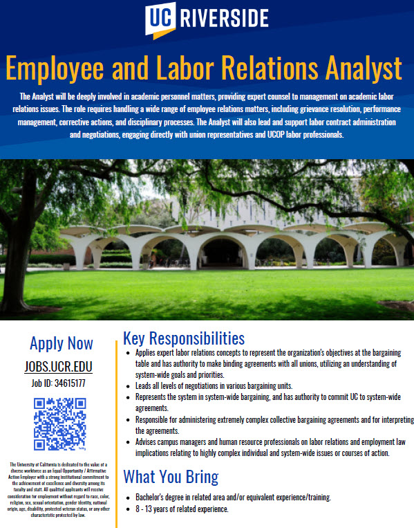 UCR is looking for a dynamic Employee and Labor Relations Analyst.  Who do you know?
#ApplyNow #UCRJobs #UCJobs #UCR #HumanResourcesJobs