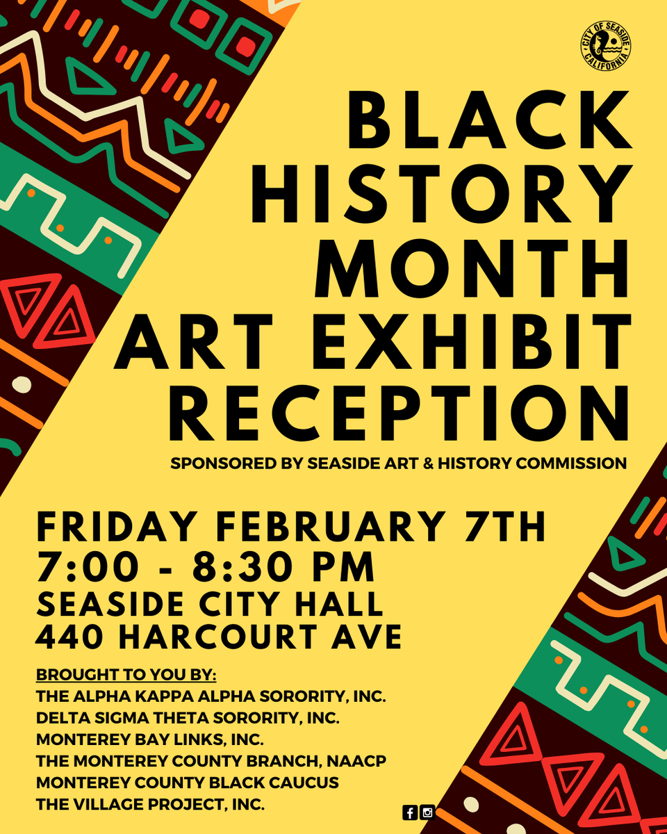 Join us at #AveryGallery this Friday, February 7th, at 7pm until 8:30pm, for our #BlackHistoryMonth #Artist Reception. The reception is free to attend and open to the public. We are located at 400 Harcourt Ave inside #Seaside City Hall.