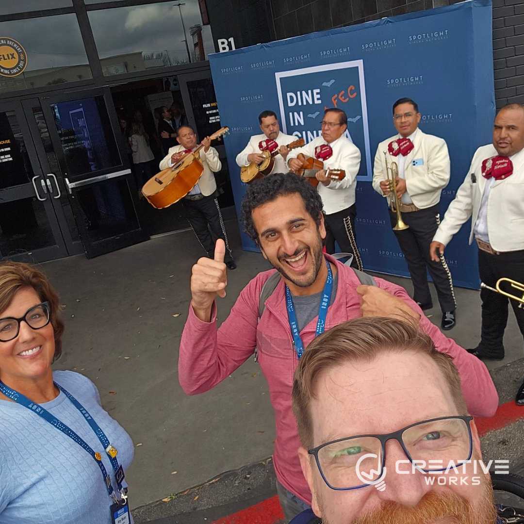 theWOWeffect's tweet photo. Our dynamic duo of Scott &amp; Danny are at Dine-In Cinema! What fun being welcomed by a mariachi band 🎵 and Danny presenting not once but TWICE✌️

We are SO excited to be here! 😁

#cinema #theaters #austin #texas #movies #FEC #theWOWeffect https://t.co/pmzxrWsFiy