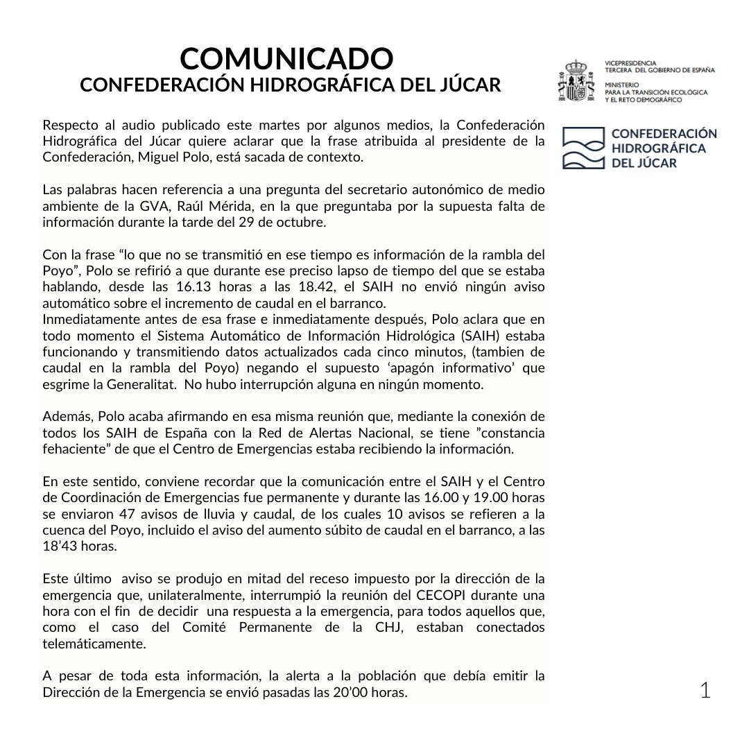 📢 Ante las últimas filtraciones aparecidas en algunos medios, desde la Confederación Hidrográfica del Júcar queremos aclarar que las palabras del presidente, Miguel Polo, están sacadas de contexto.

📰 Lo explicamos en el siguiente comunicado 👇