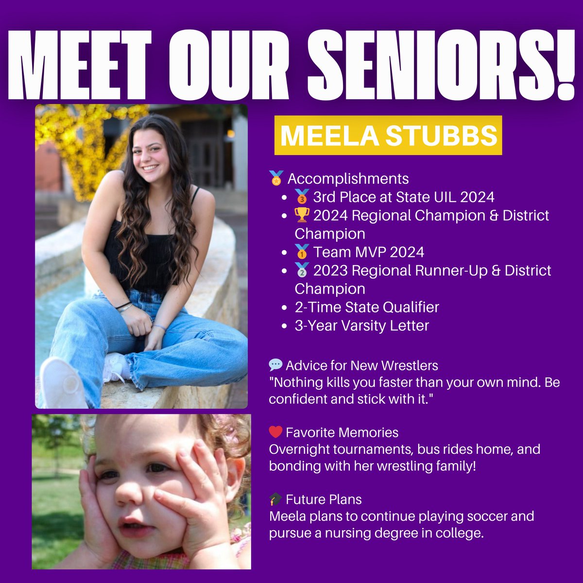 🎉 Senior Spotlight: Meela Stubbs 🎉
Join us in celebrating Meela, an outstanding athlete who has excelled as a varsity letterman in two sports—wrestling and soccer!
🏅Wrestling Accomplishments
🥉 3rd Place at State UIL 2024
🏆 2024 Regional Champion &amp; District Champion
🥇 Team