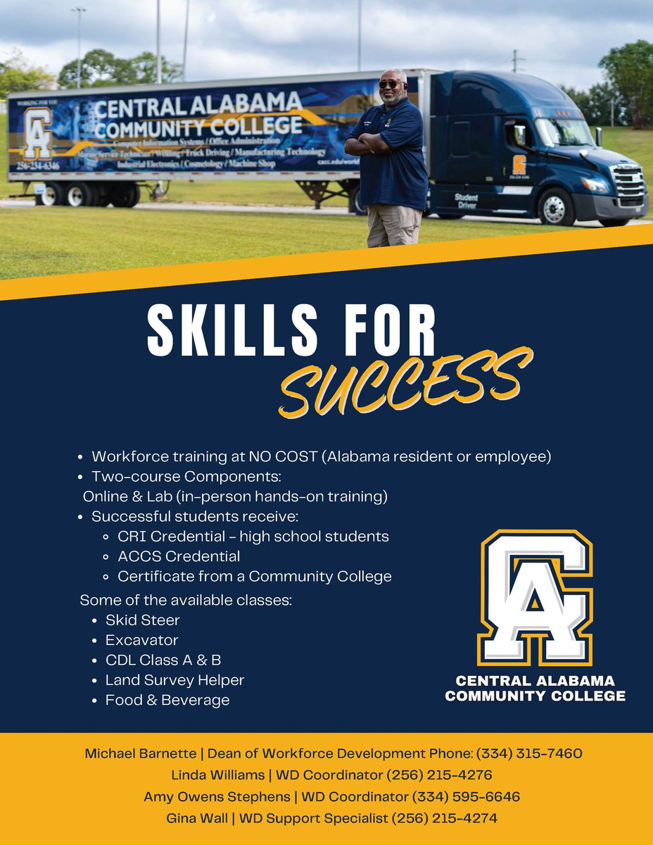 CentralAlabama1's tweet image. 🚀 Skills for Success – Free Workforce Training!
Offering hands-on courses in Skid Steer, CDL, and more! Get certified for free with #CACC’s Skills for Success program.
📞 Call (334) 315-7460 for info.

#WorkforceTraining #SkillsForSuccess #CACC #CareerGrowth