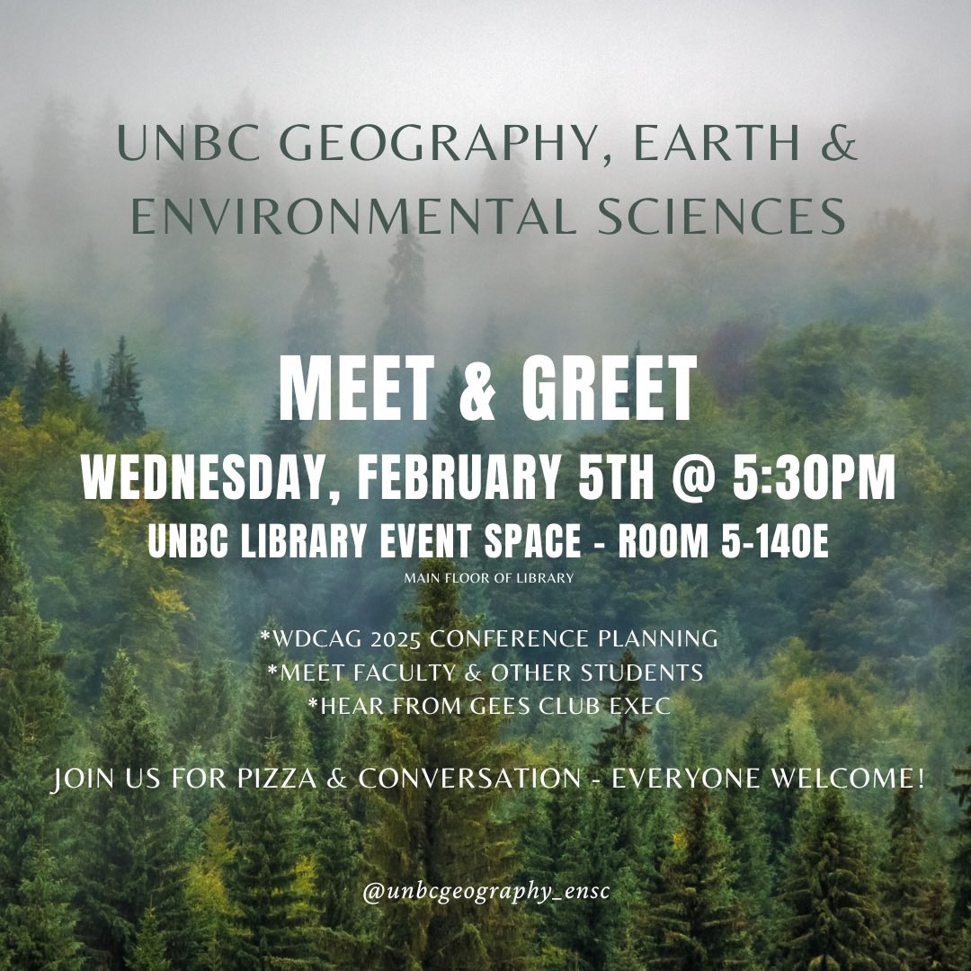 UNBC Geography, Earth & Environmental Sciences (@unbc_gees) on Twitter photo Join us WEDNESDAY at 5:30 for our Annual <a href="/UNBC_GEES/">UNBC Geography, Earth & Environmental Sciences</a> Meet & Greet - all welcome including undergrads in our programs, grad students supervised by GEES faculty members, GEES Club members & anyone interested to learn more about us & opportunities within our programs! Join us WEDNESDAY at 5:30 for our Annual <a href="/UNBC_GEES/">UNBC Geography, Earth & Environmental Sciences</a> Meet & Greet - all welcome including undergrads in our programs, grad students supervised by GEES faculty members, GEES Club members & anyone interested to learn more about us & opportunities within our programs!
