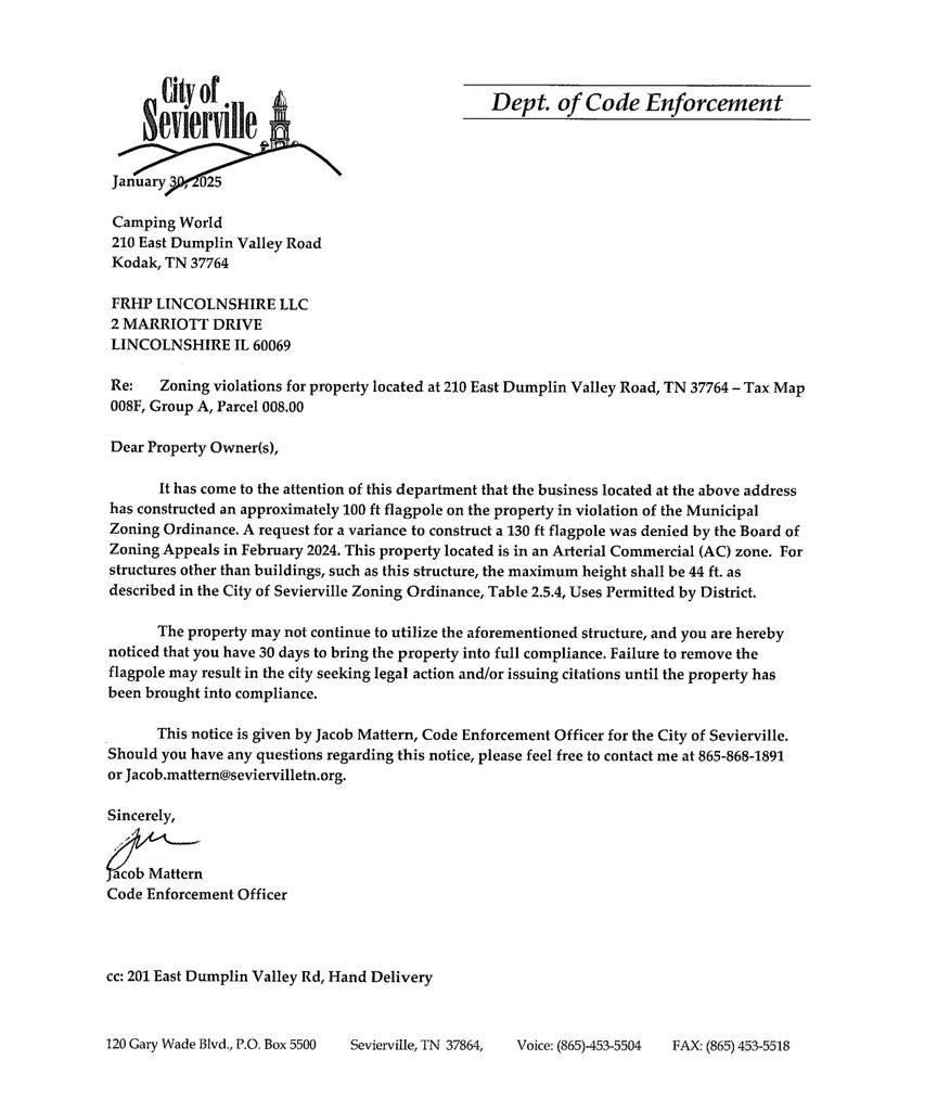 Dear <a href="/SeviervilleTN/">Sevierville TN</a> , the flag and flag pole aren’t coming down. 

It’s currently our standard flag pole of 130 and flag is 40x80. We are excited to continue to send all the new tax revenue from the 20 million dollar facility we built in your town on former farmland.