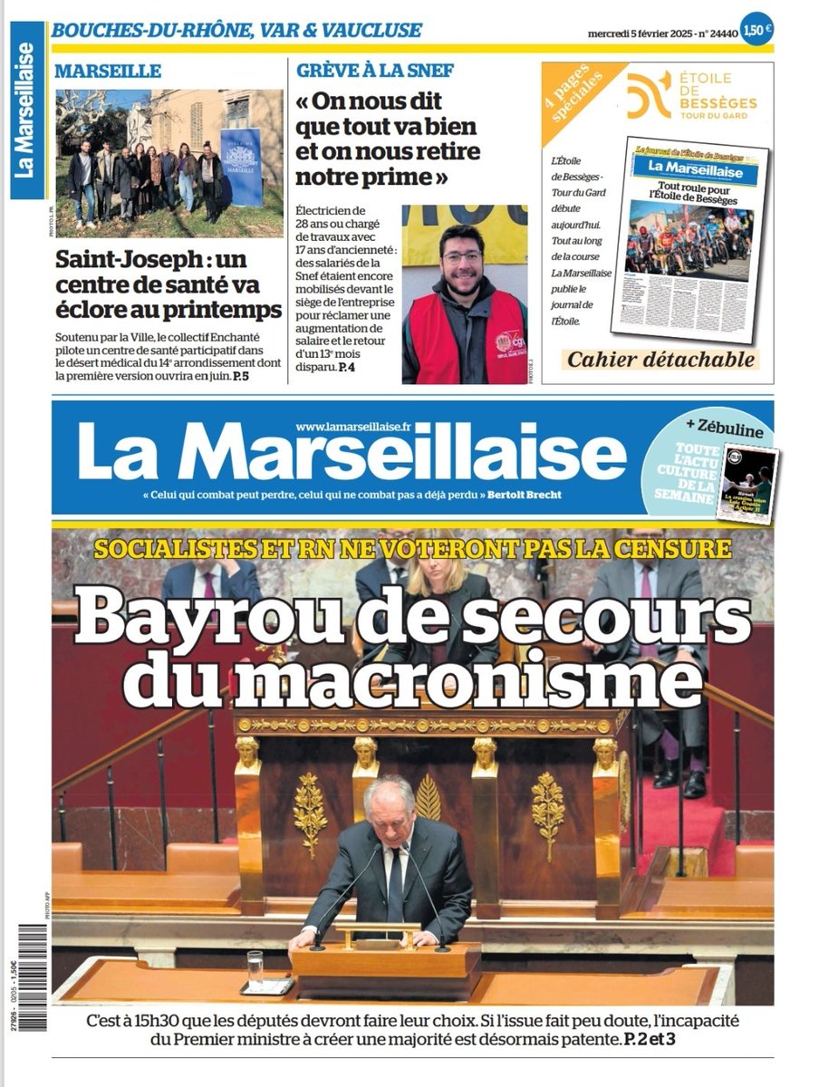 LeoPurguette's tweet photo. #ÀlaUne du 5 février 2025
#Budget2025 #PLFFS #Bayrou #MotionDeCensure #Marseille #Social #ÉtoileDeBessège #Cyclisme
En kiosque et par abonnement sur https://t.co/v33E8KieoH https://t.co/f470ndXlYF