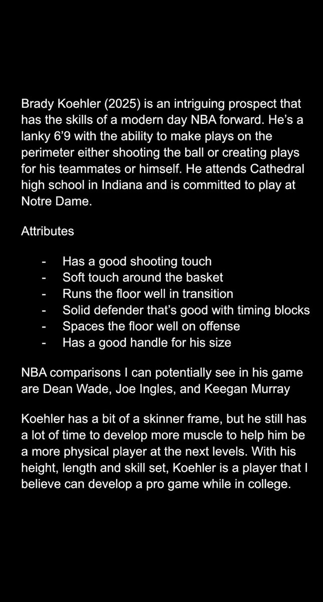 FindsTalent's tweet photo. Brady Koehler fits the description that many NBA teams look for. He’s an efficient versatile forward with good size and a player to keep an eye on as he develops. 
@BradyKoehler3 https://t.co/7RGVl5KVOc