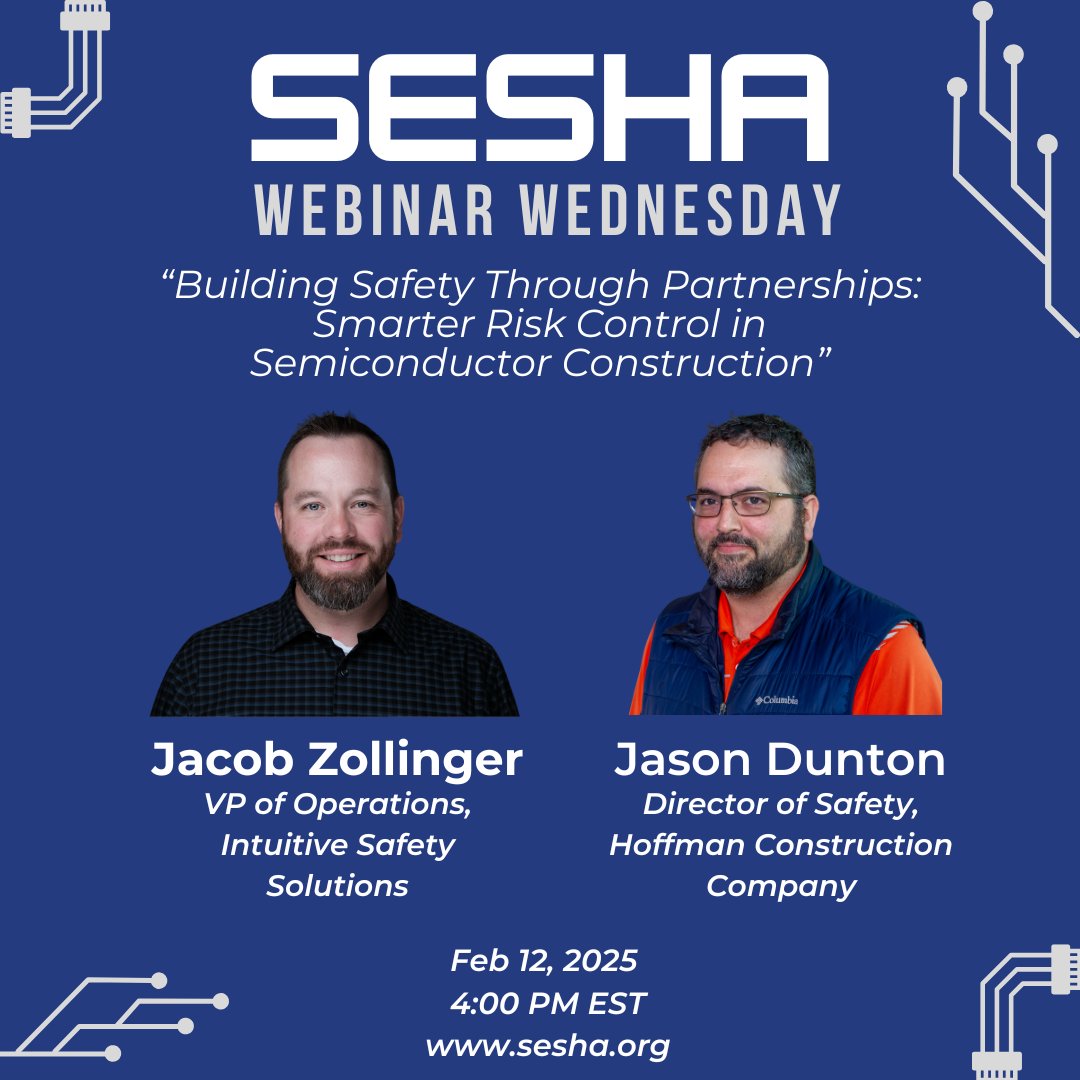 SESHAtweets's tweet photo. Tune in to watch Intuitive Safety Solutions (ISS) VP of Operations, Jacob Z., CSP, and Hoffman Construction Company’s Director of Safety, Jason Dunton CSP, present SESHA's February Webinar Wednesday on February 12th at 4pm EST! Register today!

https://t.co/LUSpAi7Aew https://t.co/e7RMCRciui
