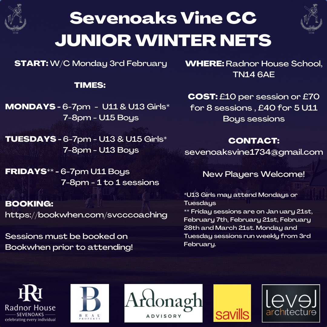 Junior Winter Nets 🏏 

Our Junior Winter Nets have started &amp; run all through Feb and March on weekday evenings at Radnor House School

Book your place via the link in our bio &amp; we look forward to seeing you there

Current &amp; new players welcome

#svcc1734

bookwhen.com/svcccoaching
