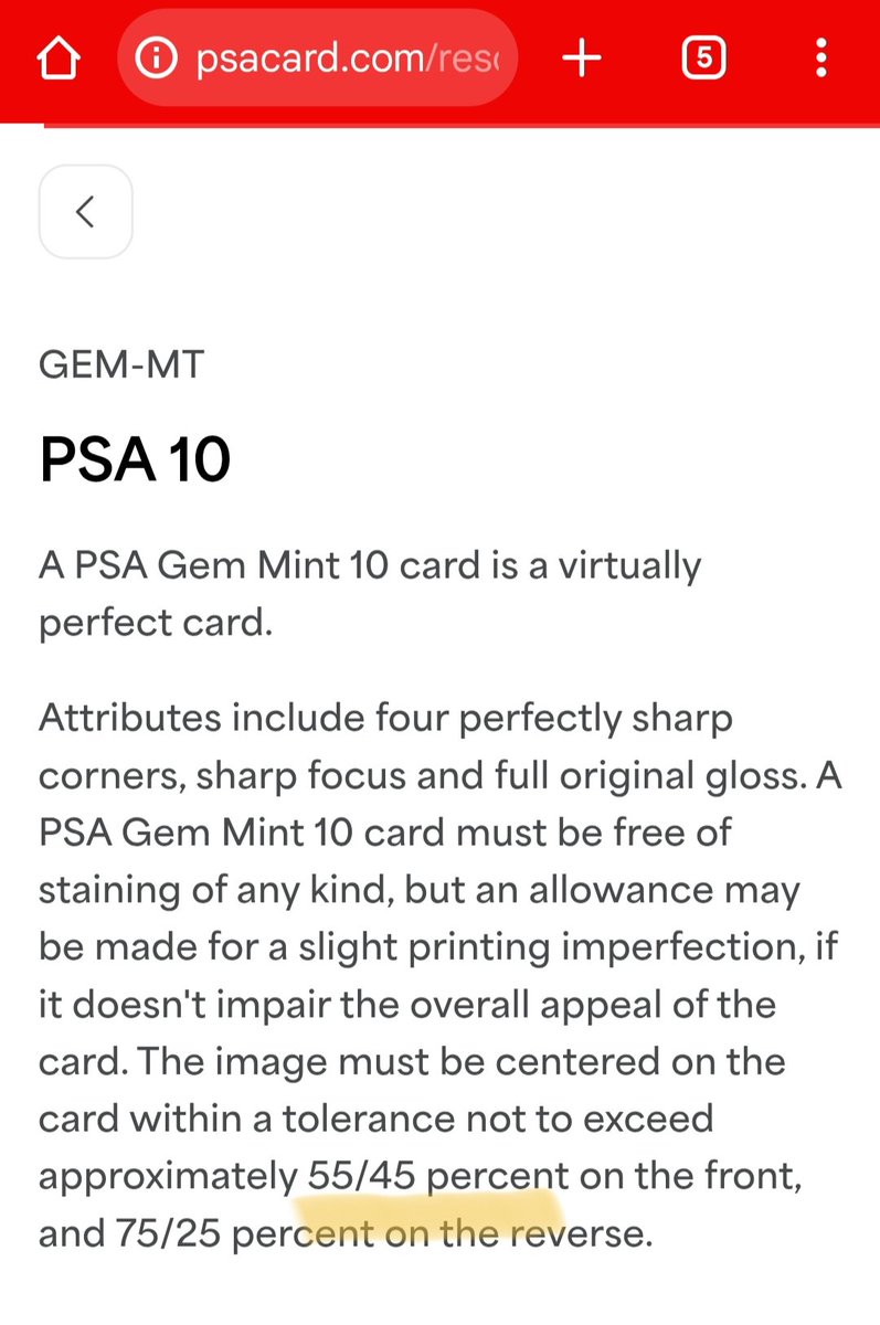 速報】 PSA本社HPに掲載されているPSA10に必要なセンタリングの鑑定